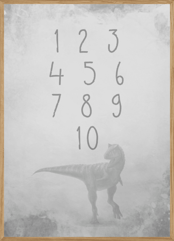 GREY DINOSAUR NUMBERS - BØRNEPLAKAT A3 (29,7 x 42cm) - BØRN > BØRNEPLAKATER - Living Nature