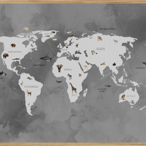 WORLD MAP GREY - BØRNEPLAKAT - VERDENSKORT MED DYR A3 (29,7 x 42cm) - BØRN > BØRNEPLAKATER - Living Nature