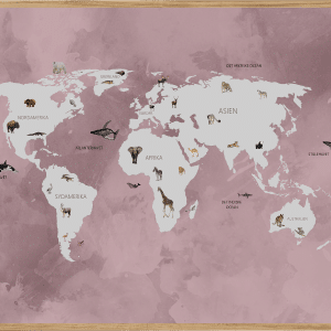 WORLD MAP ROSA - BØRNEPLAKAT - VERDENSKORT MED DYR A3 (29,7 x 42cm) - BØRN > BØRNEPLAKATER - Living Nature