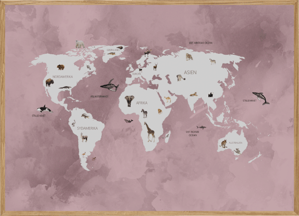 WORLD MAP ROSA - BØRNEPLAKAT - VERDENSKORT MED DYR A3 (29,7 x 42cm) - BØRN > BØRNEPLAKATER - Living Nature