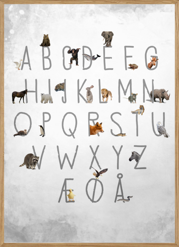 ALPHABET WHITE ANIMALS - BØRNEPLAKAT - ALFABET MED DYR A3 (29,7 x 42cm) - BØRN > BØRNEPLAKATER - Living Nature