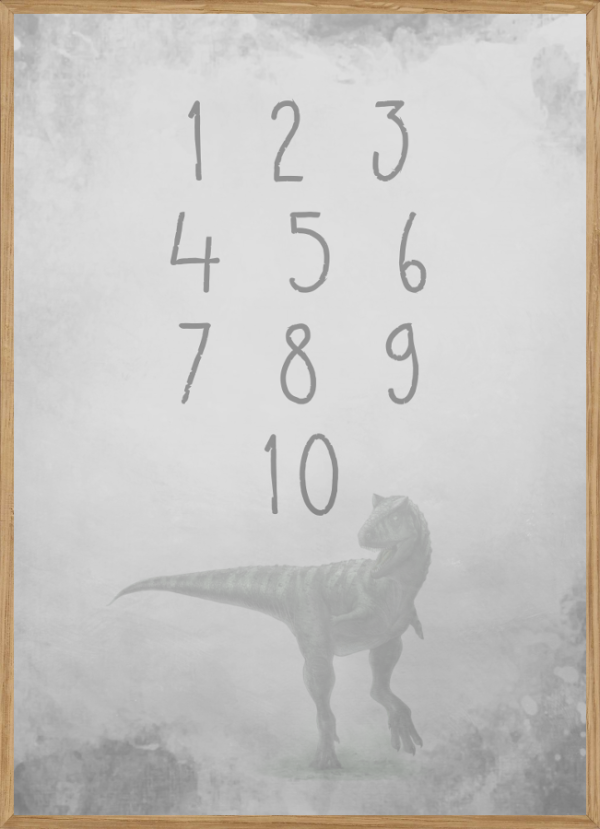 GREY DINOSAUR NUMBERS - BØRNEPLAKAT A3 (29,7 x 42cm) - BØRN > BØRNEPLAKATER - Living Nature